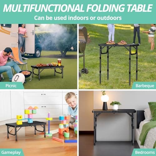 VINTEAM Camping Folding Table with Adjustable Height, Lightweight Portable Outdoor Picnic Table, BBQ Grill Side Table, Durable Aluminum Frame, MDF Desktop for Camping, Fishing, RV, Beach (Black) 7