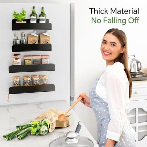 Magnetic Spice Rack for Refrigerator, Magnetic Shelf Fridge Spice Rack Organizer 2 Pack with 8 Hooks, Moveable Strong Magnetic Seasoning Organizer and Shelf for Kitchen Refrigerator Microwave 9
