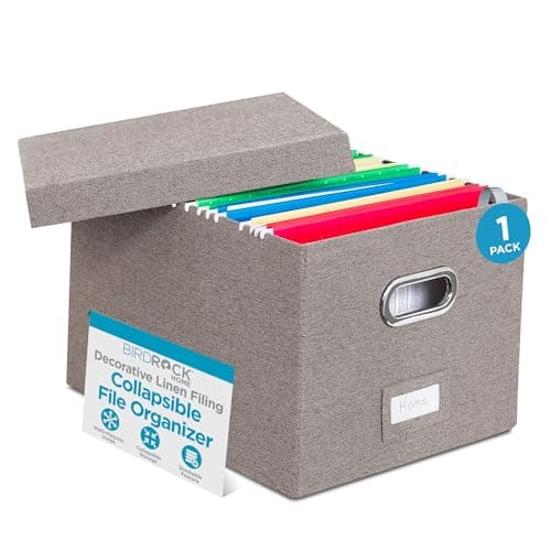Internet's Best Collapsible File Box Storage Organizer with Lid - Decorative Linen Filing & Storage Office Boxes – Hanging Letter/Legal Folder – Home Office Bins Cabinet – Grey Container - 1 Pack