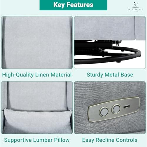 Naomi Home Tanya Luxury Motion Recliner Chair, Light Gray – Plush Upholstered Glider Rocker with USB Charging, Swivel, and Lumbar Support for Nursery Comfort, 275 lbs Capacity 6