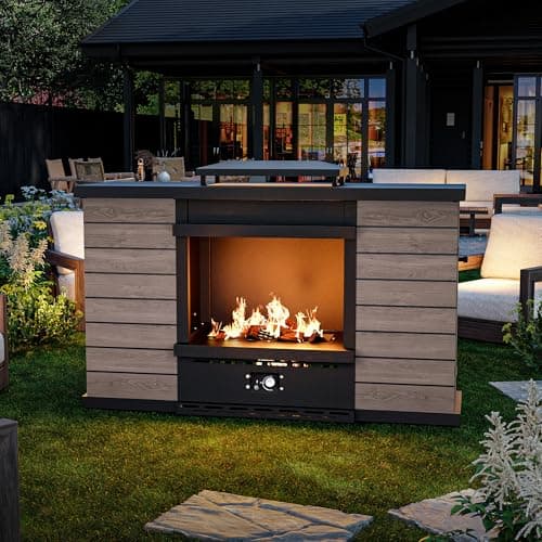 MaxMulti Outdoor Propane Fireplace, 50,000 BTU Gas Fire Pit with Ceramic Logs, Rain Cover, 63 Inch Steel Metal Smokeless Fireplace for Patio, Deck, CSA Certified (63 x 41 Inch)