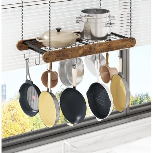GILLAS Pot Racks Hanging Ceiling Mount, Pot and Pan Hanging Rack with 12 S-shaped Hooks, Ceiling Storage Mounted Pot Holder for Pan, Pan Hanging Rack Ceiling Mount for Organize Kitchen, Space Saver 7