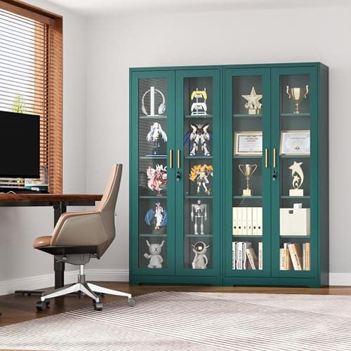 UNICOLY Lockable Display Cabinet with Glass Doors, Curio Cabinets with 4 Adjustable Shelves, Liquor Bookcase Bookshelf with Doors, Metal Storage Cabinet for Living Room Pantry, Green 8