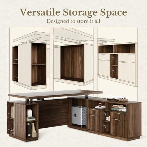 Perledesign Standing Desk with File Cabinet, 70 Inch L Shaped Electric Height Adjustable Executive Desk with AC/USB and Privacy Panel, Computer Corner Table for Home Office, Black Walnut 6