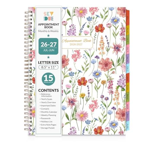 SKYDUE Appointment Book 2026-2027, Academic Hourly Planner from July 2026 - June 2027, 8.5" x 11" Weekly & Monthly Schedule Planner with 15-Minute Interval- Perfect for Daily Planning White Flower