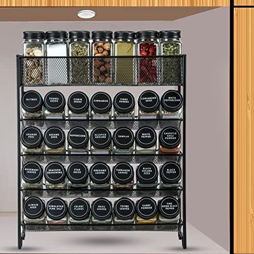 Skiileor Spice Rack Organizer with 28 Spice Jars, Black Lids，Spice Labels, Chalk pen and Funnel Set for Cabinet, Countertop, Pantry, Cupboard or Wall Mount 5