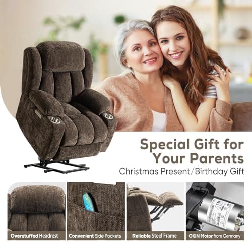 ABCASA Large Power Lift Chairs Recliners for Elderly with Heat ＆ Massage, Upgraded Chenille Recliners, USB-A ＆ C, Cup Holder, Side Pocket, Brown 5