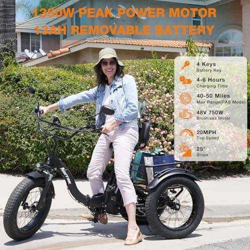 NARRAK Electric Tricycle for Adults,Fat Tire Folding Electric Trike,3 Wheels Electric Bicycle Bikes, Peak 1350W Step-Thru Etrike with Removable Battery and Large Basket for Women Men 5