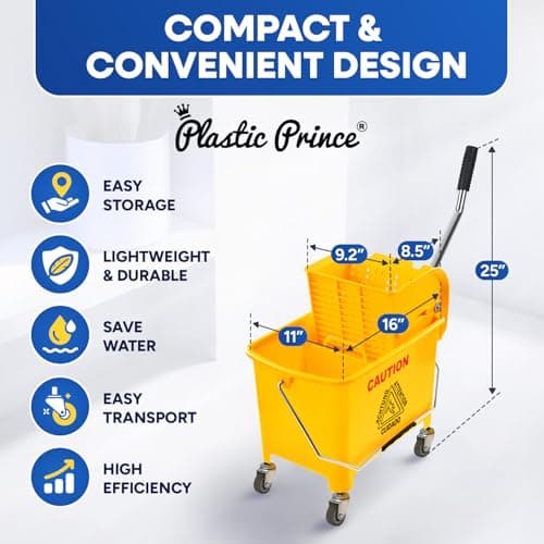 PLASTIC PRINCE Mop Bucket with Wringer on Wheels Small 5 Gallon, Heavy Duty Dual Chamber Industrial Mop Bucket Separate Dirty Water, Perfect for Business Household, 20 Quart Yellow 8