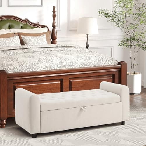 Ottoman with Storage, Tufted Storage Bench for Bedroom, 48" Fabrics End of Bed Bench, Upholstered Entryway Shoe Benches with Rolled Arm & Inner Zipper, Window Ottomans Chest without Rivets, Beige