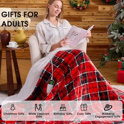 OCTROT Red Christmas Heated Blanket Electric Throw 50X60, Heating Throw Gift with 10 Heating Levels & 8 Hours Auto Off, Plaid Checkered Sherpa Blanket Warmer for Adults, Couch Bed Office Use 5