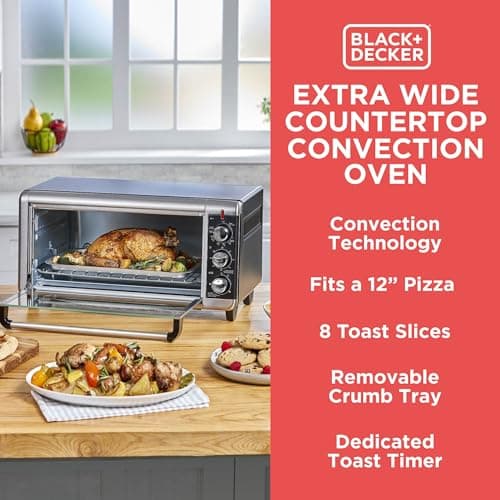BLACK+DECKER TO3250XSBD 8-Slice Extra Wide Convection Countertop Toaster Oven, Includes Bake Pan, Broil Rack & Toasting Rack, Stainless Steel/Black 10