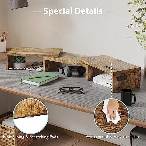 BONTEC Dual Monitor Stand Riser with Smartphone Holder, Adjustable Length & Swivel Angle, Ergonomic Wooden Desktop Organizer for PC Monitor, Laptop, Printer, Large Storage, Rustic Brown 7