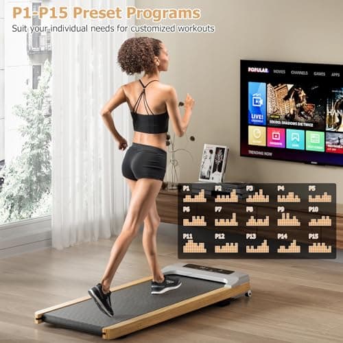 Goplus Walking Pad, Wooden Under Desk Treadmill for Home and Office, Portable Walking Pad Treadmill Under Desk with Remote Control, 15 Preset Programs, LED Display, Installation-Free 7
