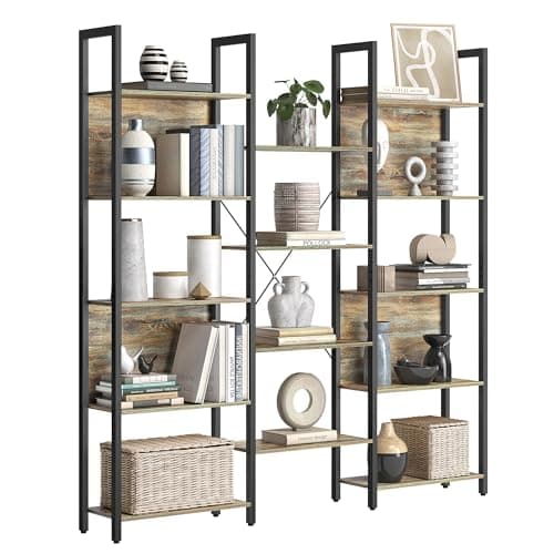 VASAGLE 5-Tier Bookcase with 14 Shelves, Book Shelf with Metal Frame, Bookshelf for Living Room, Home Office, Industrial Style, 9.4 x 62.2 x 65.4 Inches, Oak with Blue Grains and Black ULLS107B60