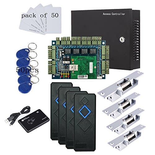 MENGQI-CONTROL TCP/IP 4 Door Entry Access Control Panel Kit Electric Strike Fail Secure NO Mode Lock Enroll RFID USB Reader 110-240V Power Supply Box RFID Reader Phone APP remotely Open Door
