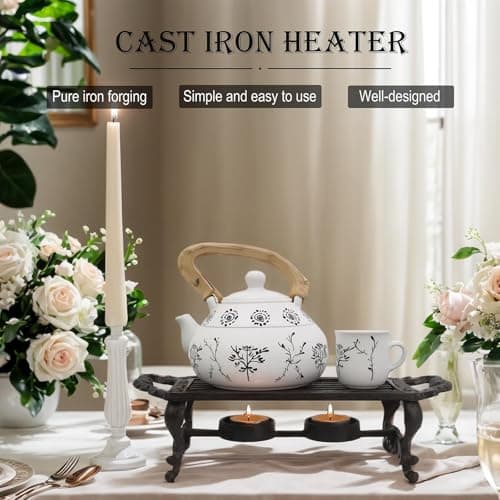 Linton Arts Cast Iron Teapot Warmer, Durable Tea Pot Warmer with 2 Tealight Holders for Tea, Coffee & Food Simmer Pot, Heavy-Duty Tea Warmer for Desk or Home, Includes Candle& Pinch Mitts 7