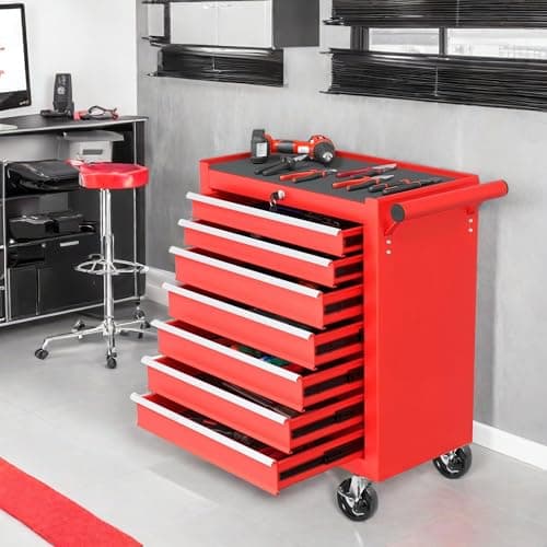 ChicFurnit Tool Chest, Rolling Tool Chest with 7-Drawer, Storage Cabinet with Wheels, Multifunctional Cart Box for Garage, Rolling Cabinet for Warehouse, Workshop, Repair Shop, Red 6