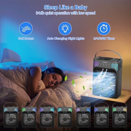 Portable air conditioner,1200 milliliter Cooling fan Air Conditioner with Remote,4 Wind Speed & 7 Led Light,3 Mist&2-8H Timer,Personal Air Conditioner 7