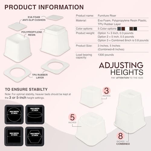 Utopia Bedding Bed Riser, 3 & 5 Inches Adjustable Furniture Risers for 8 Inch Combined Furniture Lift, Under Bed Storage & Dorm Room Essential, Supports Up to 1,300 lbs (4 Set, White) 5