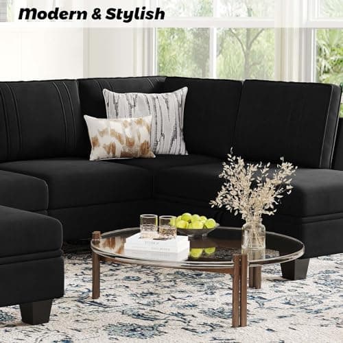 Belffin 4 Seater Sectional Sofa with Reversible Chaise, Velvet L Shaped Sofa Sectional Couch with Convertible Storage Ottoman Black 5