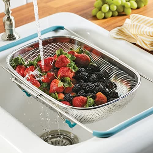 Rachael Ray Tools and Gadgets Over-The-Sink Colander/Strainer, 4.5 Quart, Stainless Steel with Agave Blue Handles 10