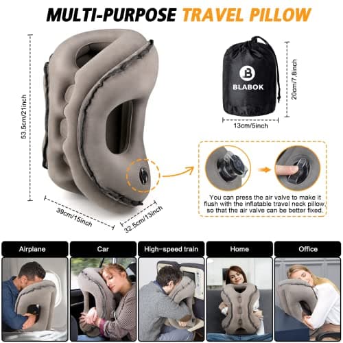 Inflatable Travel Pillow,Multifunction Travel Neck Pillow for Airplane to Avoid Neck and Shoulder Pain,Support Head,Neck,Used for Sleeping Rest, Airplane and Home Use,with Eye Mask, Earplugs,Gray 6