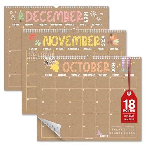 Hadley Designs 2024 Wall Calendar-Monthly Hanging Wall Calendar 2024-2025, 11" x 14", Spiral Bound with Large Daily Blocks & Notes Section for Home or Office (Doodle Kraft)