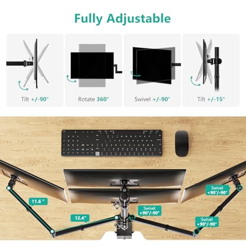 WALI Quad Monitor Mount for 13-27 Inch Screens, Fully Adjustable 4 Monitor Stand with Swivel, Tilt, Rotation, Clamp & Grommet Base Kit, Max Load 22lbs per Screen (M004S), Black 5