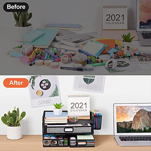 Marbrasse 3 Tier Mesh Desk Organizer with Drawer, Multi-Functional Desk Organizers and Accessories, Paper Letter Organizer with 2 Pen Holder for Home Office Supplies (Black) 5