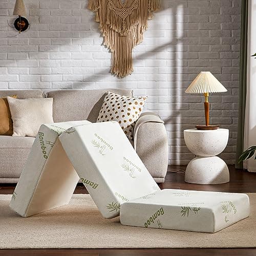 SINWEEK Memory Foam Folding Mattress with Storage Bag, 4 Inch Trifold Floor Foldable Mattress Topper, Guest Bed with Cooling Cover & Waterproof Lining
