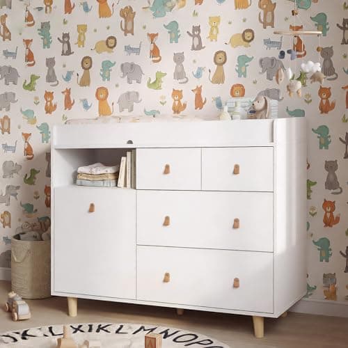 DAWNSPACES Baby Changing Table Nursery Dresser with Drawers, 45 Inch Hidden Trash Storage,Changing Station,Storage Dresser Chest for Infant, White 6