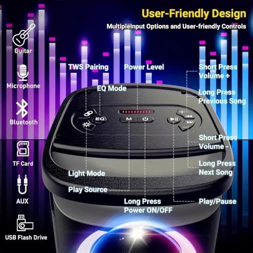 TPBEAT Portable Bluetooth Party Speaker: 160W Peak Powerful Loud Sound Deep Bass Wireless Boombox Large Subwoofer 15 Hours Battery Life Fast Charging with Led Light Show for Outdoor Camping Backyard 6
