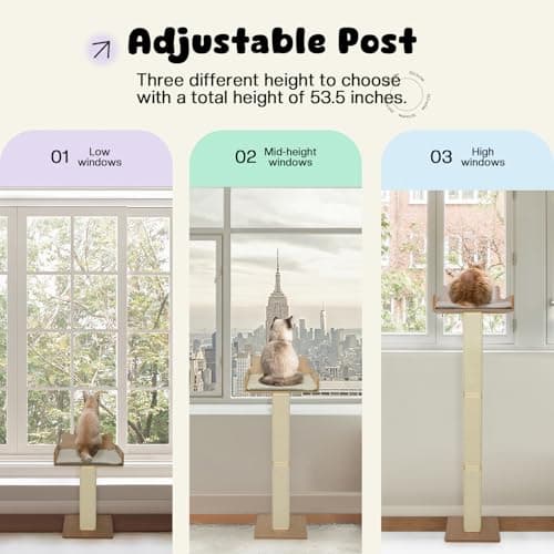 Cat Window Perch with Thick Sisal Scratching Post, Cat Hammock for Window, 53.5" Adjustable Tall Cats Scratching Post with 2 Upgrade Suction Cups, Cats Window Bed with Fluffy Cushion, Sisal 6