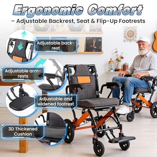2026 Super Lightweight Transport Wheelchair, Adjustable backrest, Travel Wheelchair with 2 Storage Bags, Foldable Wheelchairs with Telescopic Handle,Backpacks,Travel Bags, Inflatable Seat Cushions 8