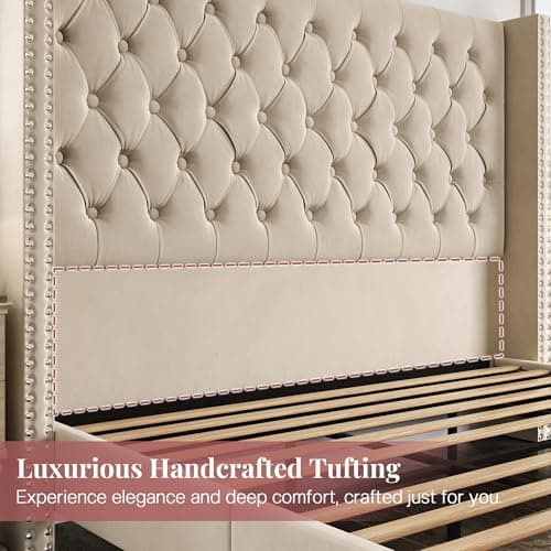 PaPaJet Queen Bed Frame Velvet Upholstered Bed with Deep Button Tufted/No Box Spring Needed/Easy Assembly/White 7