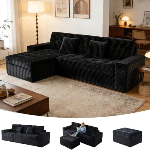105" Sectional Couches for Living Room with Ottoman, Cloud Couch Design, No Assembly Couch in a Box, Ergonomic L-Shaped Sectional, Modular Frameless Couch with Memory Foam Sofa Support, Black