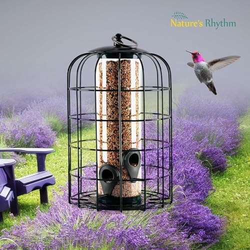 Nature's Rhythm Outdoor Hanging Bird Feeder Cage PC Tube Squirrel Proof Wild Bird Feeder with Large Metal Seed Guard Deterrent 6
