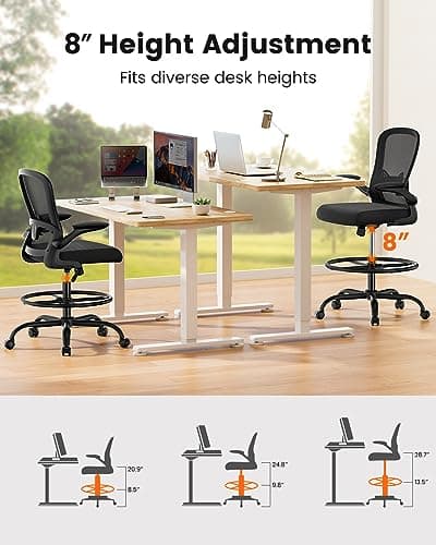 ErGear Drafting Chair, Standing Desk Chair with Flip-Up Armrests, High Desk Chair Adjustable Height, Ergonomic Tall Office Chair with Lumbar Support and Adjustable Footrest Ring 5