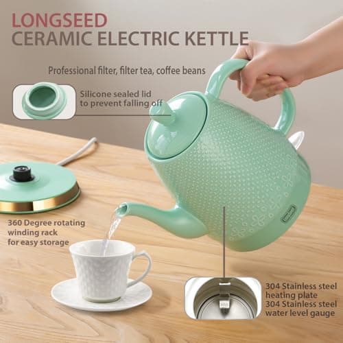 LONGSEED 1.2-Liters Ceramic Electric Kettle Pot, 1000W Fast Boil Water For Coffee & Tea, Automatic Shut-Off, Boil Dry Protection, Retro Gooseneck Teapot BPA Free Boiler 9