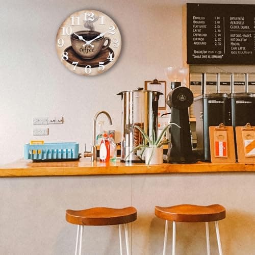 Keepcross Kitchen Wall Clock Coffee Cup Theme Rustic Modern Farmhouse Decor Glass Clock for Kitchen, Coffee Bar, Cafe - 8 Inch, Brown 6