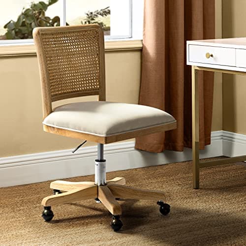 Modern Home Office Chair Comfortable Upholstered Armless Desk Chair, Adjustable Swivel Rolling Computer Chair with Rattan Mid-Back Support, Beige