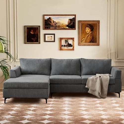 XIZZI 96" Corduroy Sectional Sofa Couches for Living Room,Grey L Shaped Sofa Couch with Reversible Chaise,Comfy 3 Seat Reversible Sofa for Bedroom Office Apartment Convertible Couch (Grey)