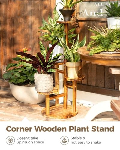 Bamworld Plant Stand Indoor Plant Shelf 4 Tier Wood Plant Stand for Multiple Plants Tall Corner Plant Stands for Outdoor Round Flower Stand Plant Holder for Living Room Patio Garden Balcony Brown 5