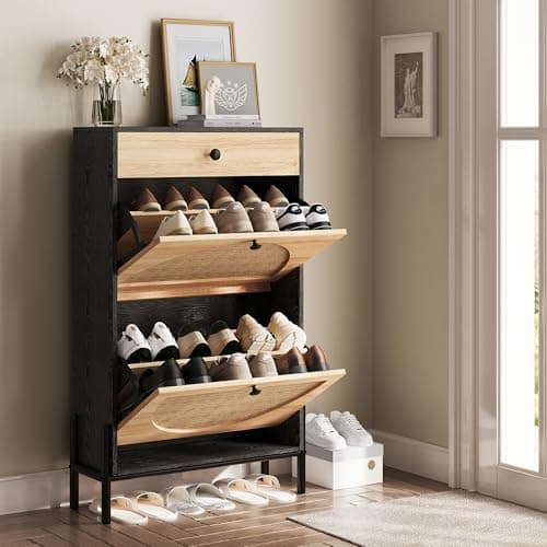 IRONCK Shoe Cabinet with 2 Flip Drawers, Shoe Storage Cabinet for Entryway, Free Standing Shoe Storage Organizer with Rattan Doors Slim Narrow Shoe Rack Cabinet, Black 8