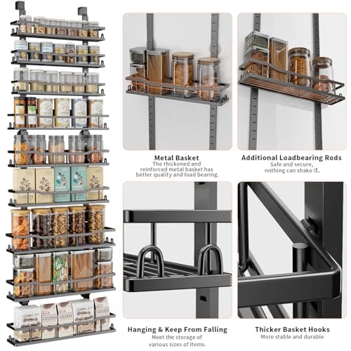 Over The Door Pantry Organizer, 9-Tier Over The Door Organizer with Adjustable Baskets, Metal Hanging Spice Rack for Pantry Organizers and Storage, Suitable for Kitchen Laundry Room & Bathroom, Black 5