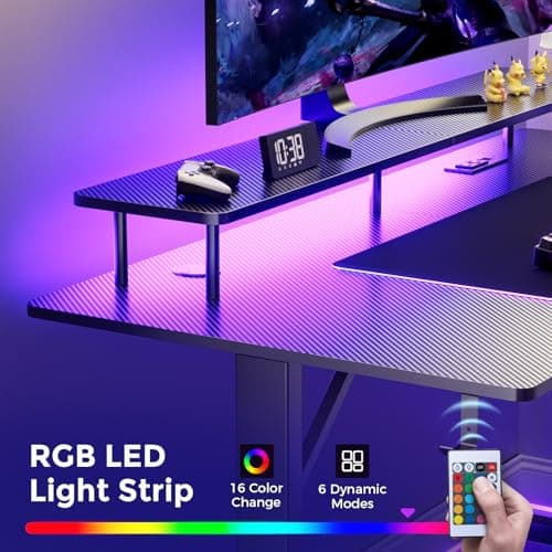 GTPLAYER 55 Inch Gaming Desk with LED Lights & Power Outlet, Computer Gamer Desk with Monitor Stand, Ergonomic Carbon Fiber Gaming Table Home Office Desk with Headphone Hook & Mouse Pad 5