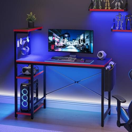 Bestier Gaming Desk with LED Lights, 44 Inch PC Gamer Desk for Small Spaces, Computer Desk with Reversible Storage Shelves & Side Storage Bag (Black 3D Carbon Fiber) 8