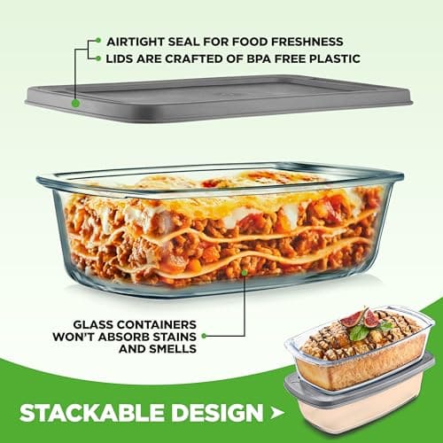 NutriChef 4 Piece Glass Loaf Pan Set with Lids - Stackable 1.9 QT/62oz Glass Bread Baking Dishes - 2 Food Storage Containers + 2 Airtight Lids, Oven & Microwave Safe, Dishwasher Safe - Clear 6