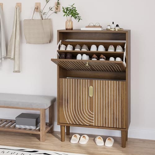 Smuxee Shoe Cabinet with 2 Flip Drawers, 23.6" Walnut Hidden Shoe Storage Cabinet with Line Groove Design, Freestanding Shoe Organizer Cabinet for Entryway, Hallway, Living Room 9